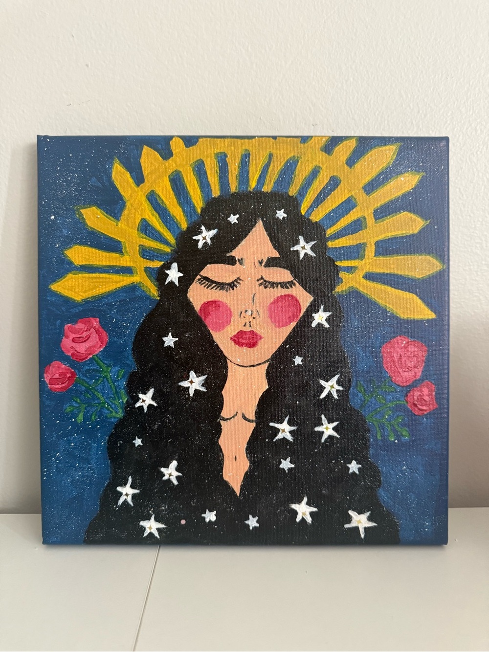 Hand-Painted Blue & Black Celestial Woman Canvas Art